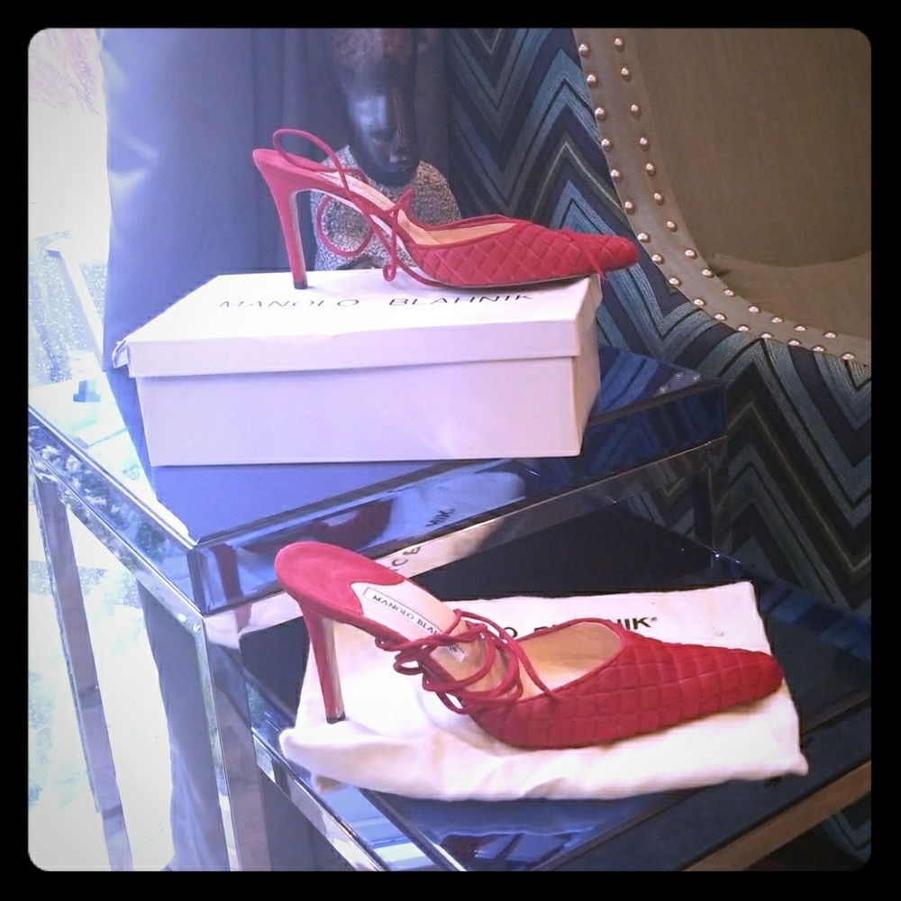 Manolo Red Fur Strap Up Mule